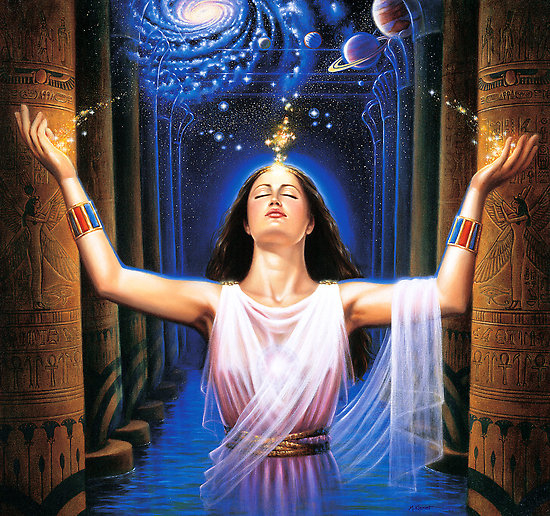 Spiritual woman in a white dress with arms raised between ancient pillars, under a mystical galaxy and cosmic energy.